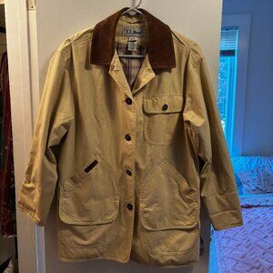 VIntage L.L. Bean Tan Canvas Barn Jacket w/ Leather Collar Trim Petite Medium